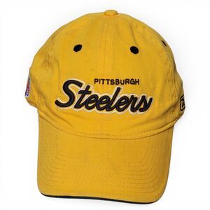 VTG NFL Pittsburgh Steelers Baseball Cap Reebok Strap Back Cursive Yellow Hat